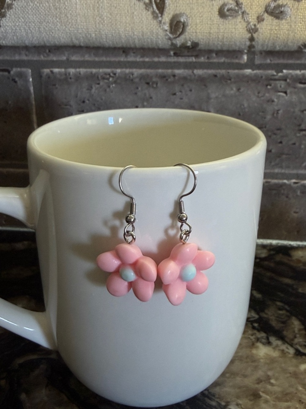 Pink Flower Drop Earrings with Blue Centers